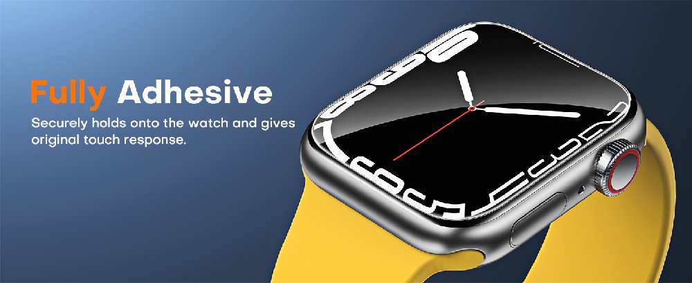 Smartwatch screen protector advertisement highlighting 'Fully Adhesive' feature, showing edge-to-edge coverage on a silver watch face against yellow background.